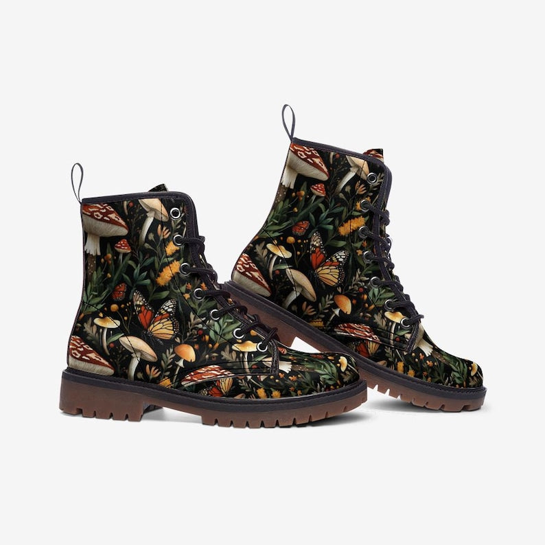 Butterfly Mushroom and Floral Boots Cottagecore Boots Forest Combat Boots Floral Vegan Leather Boots Casual Leather Lightweight boots